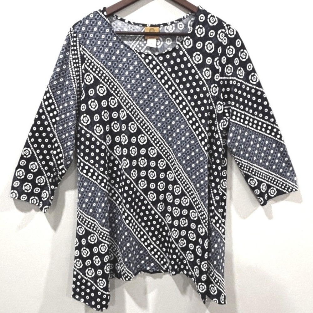 Ruby Rd Diagonal Dot Print Tunic Top Sz 1X Blue White 3/4 Sleeve Relaxed Casual